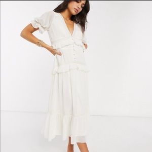 ASOS DESIGN button through lace insert tiered midi dress in ivory size 4.